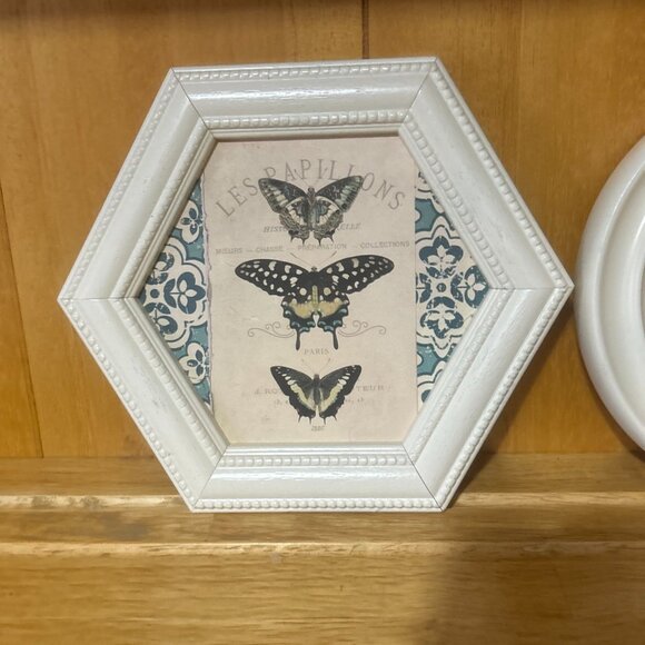 Vintage Butterfly Art Prints Wall Hangings White Wood Frame Hexagon Circle 7"-8" - Picture 2 of 11